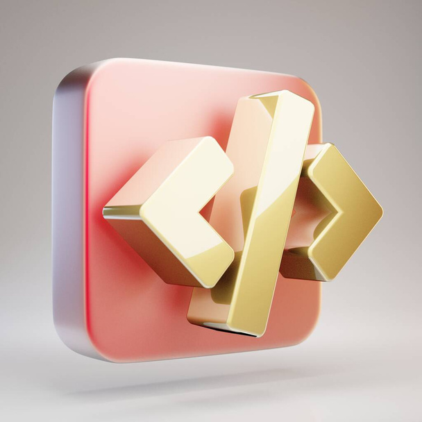 Значок кода. Символ "Золотой код" на красной матовой золотой пластине. 3D рендеринг Social Media Icon. - Фото, изображение