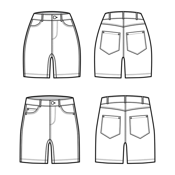 Set of Denim shorts pants technical fashion illustration with mid-thigh length, normal low waist, high rise, 5 pockets - Vector, Image
