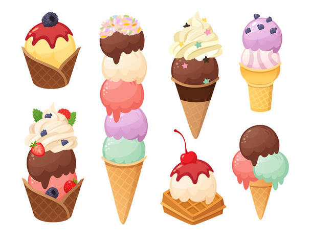 Ποικιλία παγωτών. Σετ από διαφορετικά κύπελλα βάφλας γεμάτα με παγωμένες μπάλες παγωτού και χτυπημένο μαλακό παγωτό, καλυμμένο με σοκολάτα, παγωτό φράουλα και τρούφα. Μεμονωμένες διανυσματικές εικόνες. - Διάνυσμα, εικόνα