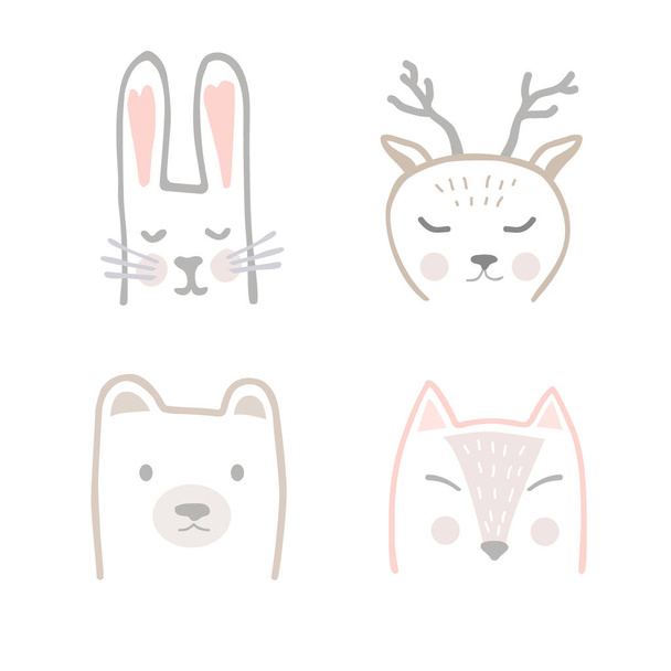 Set of forest animals in hand drawn Scandinavian style. Cartoon vector illustration depicting a Fox, Hare, Deer, and Bear for printing on fabric, postcard, dishes, clothes, book. Cute baby background - Vector, Image
