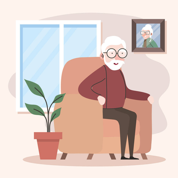 Niedliche Großvater Mitglied sitzt in Sofa Wohnzimmer Szene - Vektor, Bild