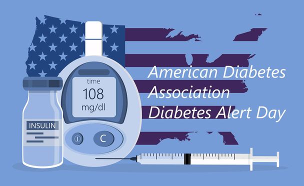 American Association Diabetes Alert Day vector conceptual en estilo plano. Evento se observa anualmente el cuarto martes de marzo. Se muestra el medidor de glucosa - Vector, Imagen