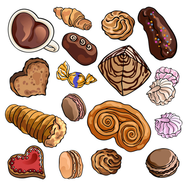 Lot de 17 dessins de pâtisserie, boulangerie et biscuits. Collection d'illustrations vectorielles d'aliments, isolées sur fond blanc, pour la conception et l'impression sur mesure. - Vecteur, image