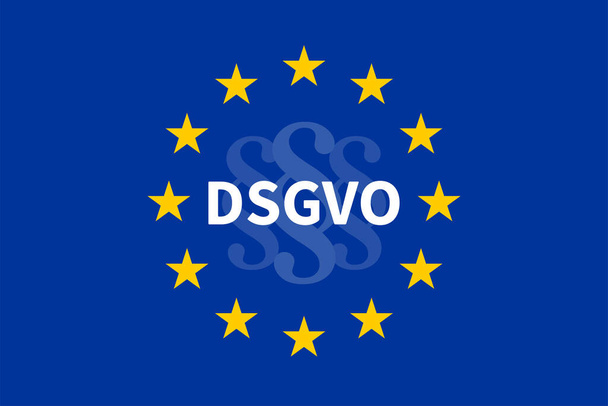 Flaga Unii Europejskiej z tekstem niemieckim DSGVO przekłada ogólne rozporządzenie o ochronie danych (RODO) oraz znaki akapitu, symbole prawa. Ilustracja wektora. - Wektor, obraz