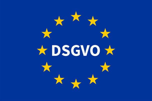 Η σημαία της Ευρωπαϊκής Ένωσης με το γερμανικό κείμενο DSGVO μεταφράζει τον Γενικό Κανονισμό Προστασίας Δεδομένων (GDPR). Εικονογράφηση διανύσματος. - Διάνυσμα, εικόνα