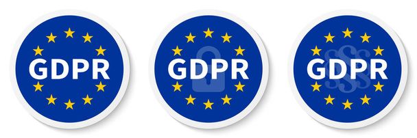 Adesivo redondo azul GDPR definido com a bandeira da UE, o ícone do cadeado e as marcas de parágrafo. Ilustração vetorial. - Vetor, Imagem