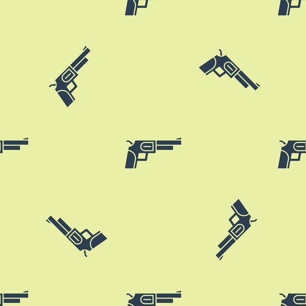 Blue Revolver gun icon isolated seamless pattern on yellow background.  Vector. - Vector, imagen