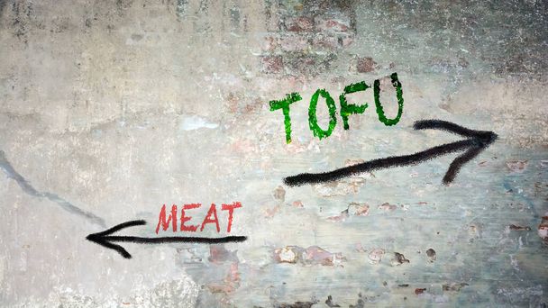 Улица подписать путь к Тофу против мяса
 - Фото, изображение