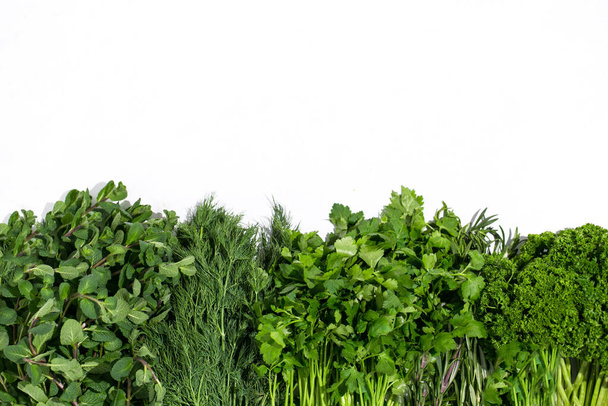 Zöldségek és fűszernövények élelmiszer a fehér háttér szöveges - Fotó, kép