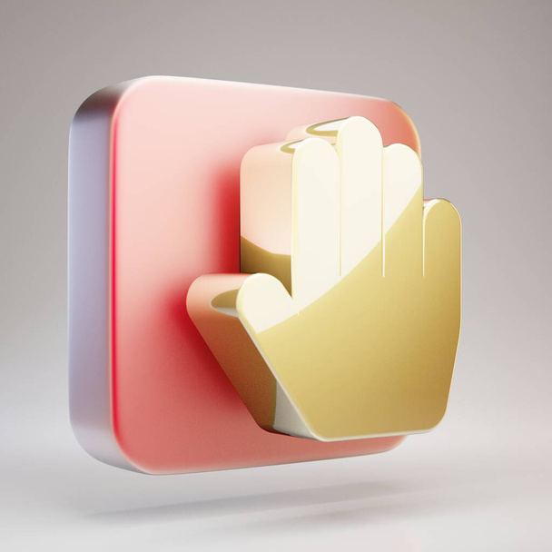 Ręczna ikona papieru. Złota ręka Papier symbol na czerwonym matowym złotym talerzu. 3D renderowane Social Media Icon. - Zdjęcie, obraz