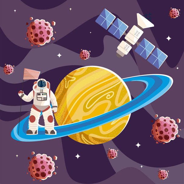 space astronaut with flag in planet asteroids and satellite - Vector, Image