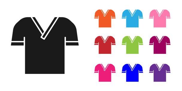 Camicia da golf nera icona isolata su sfondo bianco. Attrezzature sportive. Uniforme sportiva. Set icone colorate. Vettore. - Vettoriali, immagini