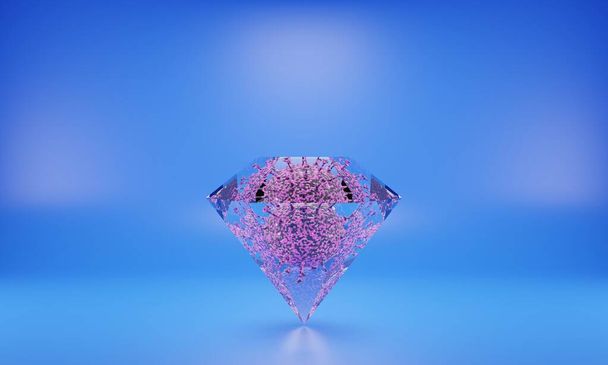 Renderização 3D de um vírus dentro de um diamante. Ilustração de uma imagem digital de Covid-19 em jóias. - Foto, Imagem
