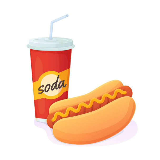 Lecker heller Hot Dog mit Soda-Kombi. Weltweit kein Diättag, ungesundes Fastfood-Konzept. Kann für Web, Menü, Banner verwendet werden. Bestandsvektorillustration isoliert auf weißem Backgrund im realistischen Cartoon-Stil - Vektor, Bild