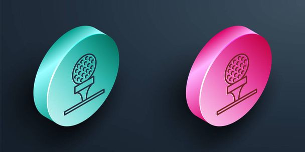Isométrica línea de pelota de golf en el icono de la camiseta aislado sobre fondo negro. Turquesa y botón de círculo rosa. Vector. - Vector, Imagen