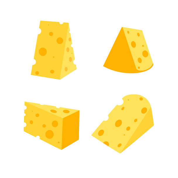 .Käse mit Löchern auf weißem Hintergrund, vektorflache Illustration. Käse in verschiedenen Formen: dreieckig, quadratisch - Vektor, Bild