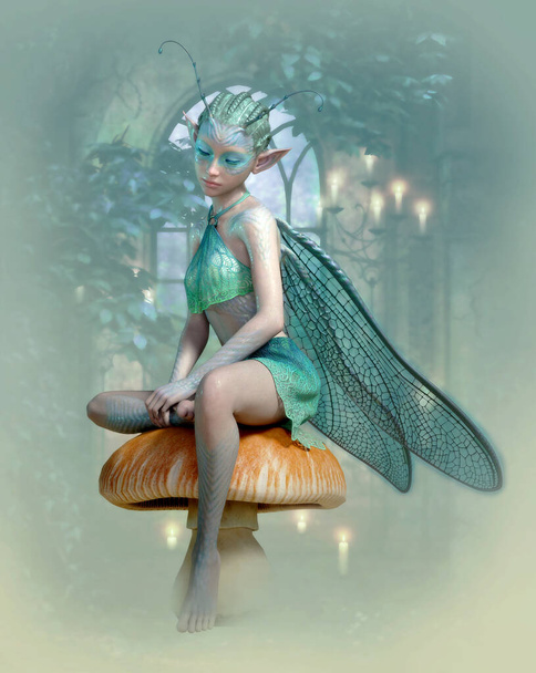 3d computer graphics of a cute fairy with dragonfly wings and antenna sitting on a mushroom - Photo, Image