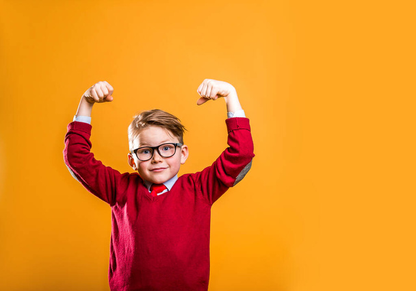 Happy kid winner. Little handsome man gesturing and keeping hands up while standing against yellow background. Stylish pupil boy from business school. Education power, strength, confidence - Photo, Image