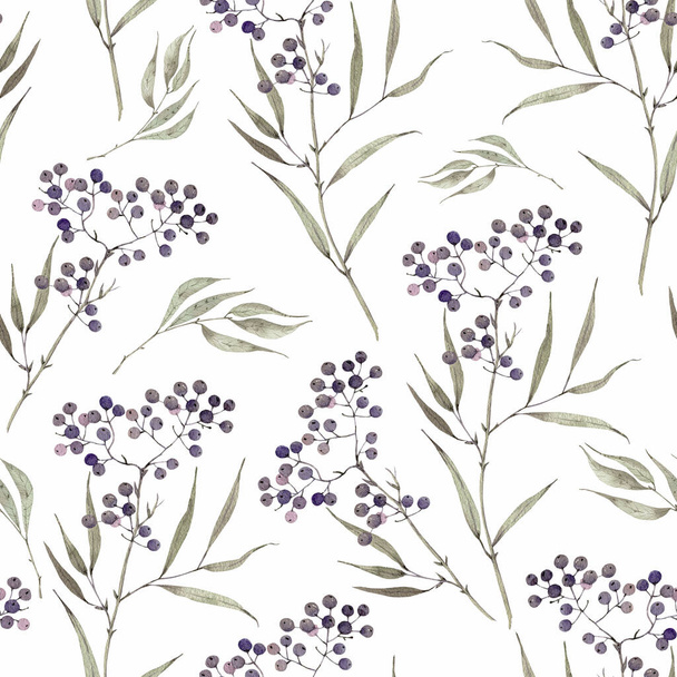 seamless pattern with delicate sprigs of plants with berries watercolor illustration, hand painted close-up on a white background - Zdjęcie, obraz