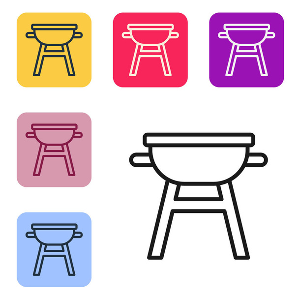 Black Line Barbecue Grill Symbol isoliert auf weißem Hintergrund. Grillparty. Setzen Sie Symbole in farbigen quadratischen Tasten. Vektor. - Vektor, Bild