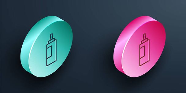 Isometric line Sauce bottle icon isolated on black background. Ketchup, mustard and mayonnaise bottles with sauce for fast food. Turquoise and pink circle button. Vector. - Vector, Image
