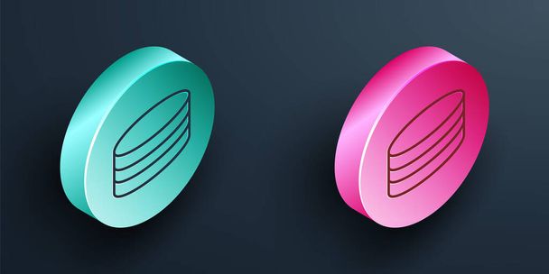 Isometric line Brownie chocolate cake icon isolated on black background. Turquoise and pink circle button. Vector. - Vector, Image