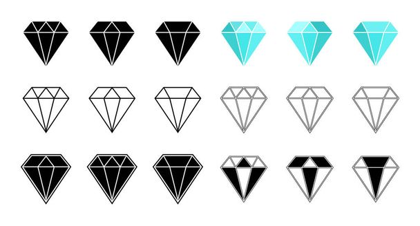 Diamond icon. Gem crystal. Logo of jewel brilliant. Blue, outline and black gemstone. Graphic symbol of jewelry, value, love from heart. Shapes isolated on white background. Fashion carat. Vector. - Vector, Image