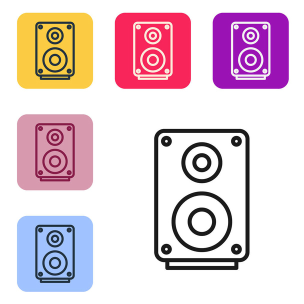 Black line Stereo speaker icon isolated on white background. Sound system speakers. Music icon. Musical column speaker bass equipment. Set icons in color square buttons. Vector. - Vector, Image