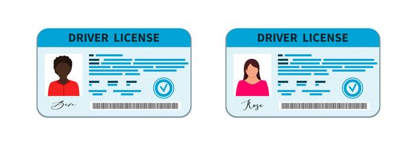 運転免許証。ID付きの運転免許証。ドライブと写真のアイデンティティを持つ文書。ドライバーの識別のためのアイコン、車。女性の人のプロフィール、プラスチック製の国際カード上の男。ベクトル - ベクター画像
