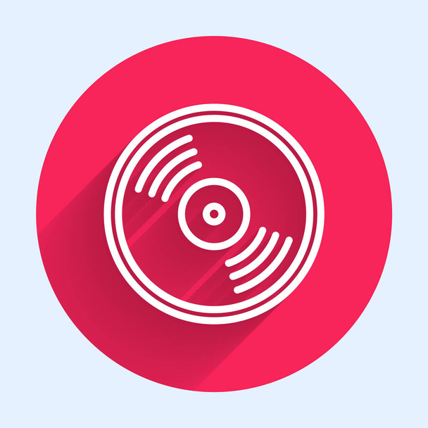 White Line Vinyl Disk Icon isoliert mit langem Schatten. Roter Kreis Knopf. Vektor. - Vektor, Bild