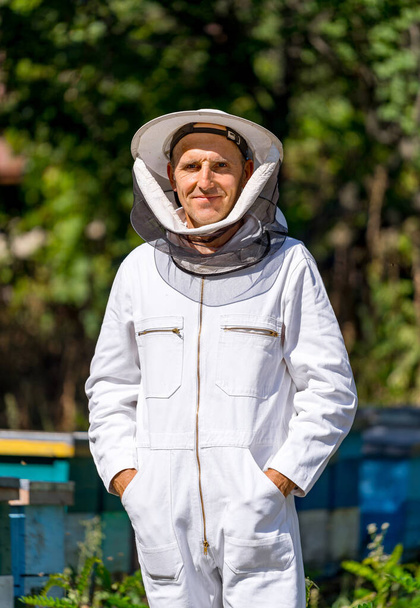 Male beekeeper in protective work wear. Hives background at apiary. Man at the apiaries in the spring. - Fotoğraf, Görsel