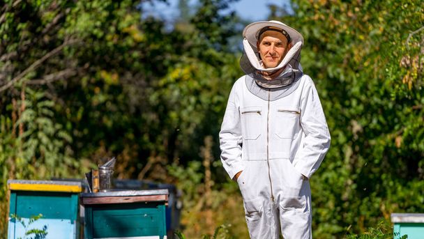 Horizontal portrait of a beekeeper surrounded with hives and trees at the apiary. Man with hands in pockets in white uniform. - Фото, изображение