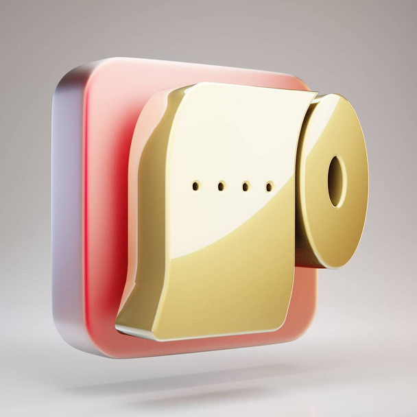 トイレットペーパーのアイコン。黄金のトイレ赤いマットゴールドプレート上の紙のシンボル。3Dレンダリングソーシャルメディアアイコン. - 写真・画像