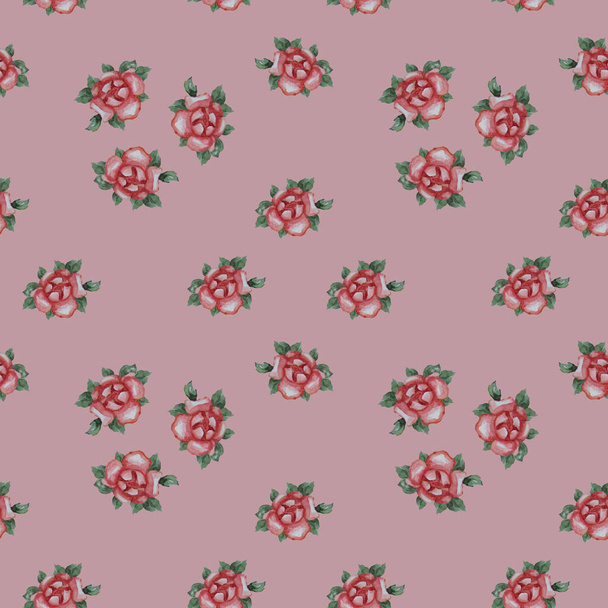 Seamless patterns. Red rose flowers with leaves on a pink background. Watercolor. Decorative botanical flowers for holiday design, Valentines Day, decor and decoration - Фото, изображение