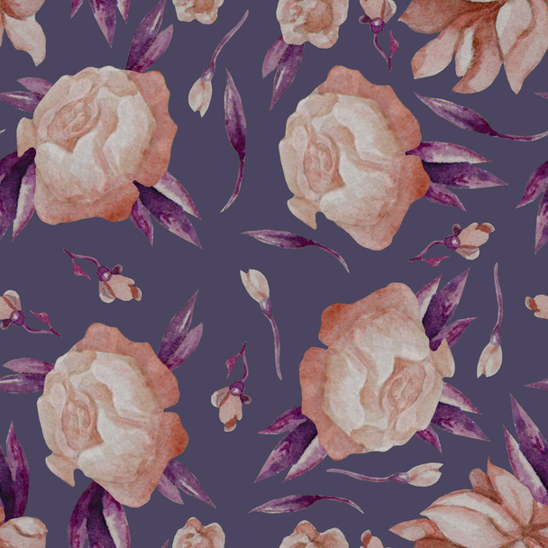 Patrones sin costuras. Patrón floral de flores, peonías y capullos de rosa con hojas de color púrpura sobre un fondo gris. Acuarela. Para el diseño, decoración, embalaje, textiles, decoración y papel pintado, papel Scrapbooking - Foto, Imagen