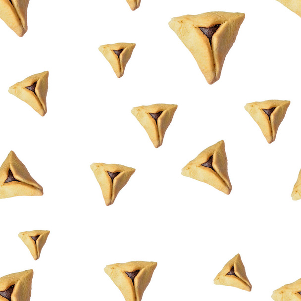 Purim holiday concept. Seamless pattern Hamantash on white isolated background. - Foto, immagini