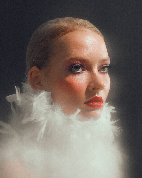 Romantic stylish young female model with white feathers collar, close up studio portrait of pretty girl - Zdjęcie, obraz