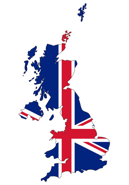 Ison-Britannian ja Pohjois-Irlannin yhdistynyt kuningaskunta kartta, jossa on lippu - kansallisen lipun alla purjehtivan valtion ääriviivat - Vektori, kuva