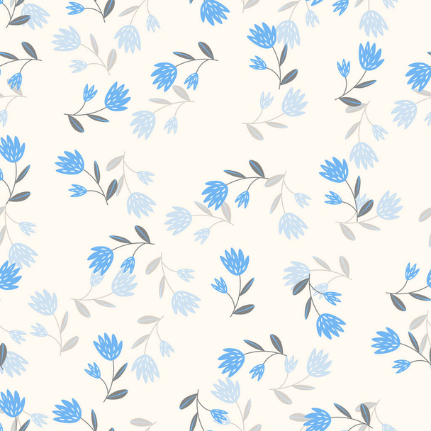 Seamless floral pattern based on traditional folk art ornaments. Colorful flowers on light background. Scandinavian style. Vector illustration. Simple minimalistic pattern with nature element. - Вектор, зображення