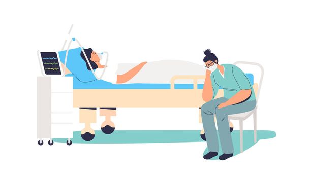 Tired nurse sleeping while observing sick patient with oxygen mask. Medical worker overworked - Vector, Image
