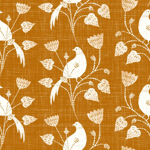 Suluboya turuncu kuş motifi arka plan. Elle boyanmış dünyevi, tuhaf, pürüzsüz desen. Bahar dekoru için modern keten kumaş. Dekoratif Skandi stili baskının her yerinde renkli doğa - Fotoğraf, Görsel