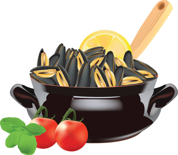 stewed mussels oval terracotta pan with stewed mussels crustaceans - Vector, Image