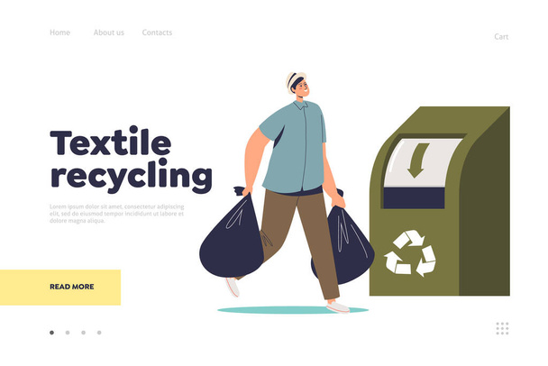 Концепция переработки текстиля целевая страница с человеком бросать мешки одежды в контейнер - Вектор,изображение