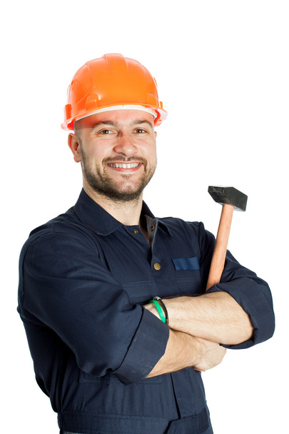 builder with hammer isolated on white background - Foto, afbeelding