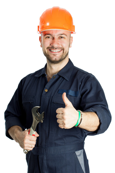 builder with spanner isolated on white background - Zdjęcie, obraz