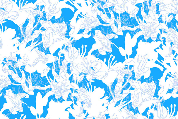 Spotted seamless pattern with white silhouettes of lily flowers, buds and leaves.  - Vektor, kép