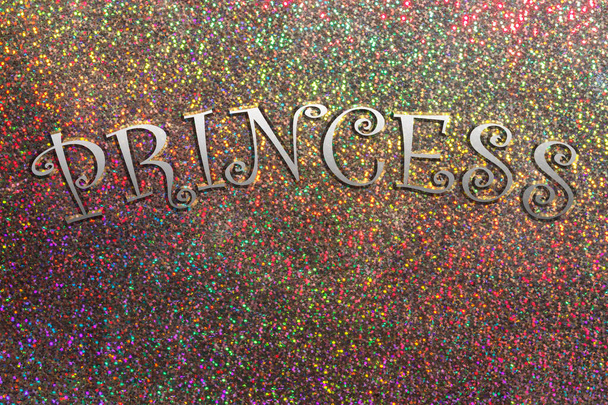 Princesa en negrita texto en cromo sobre un arco iris brillo brillo fondo abstracto. - Foto, Imagen