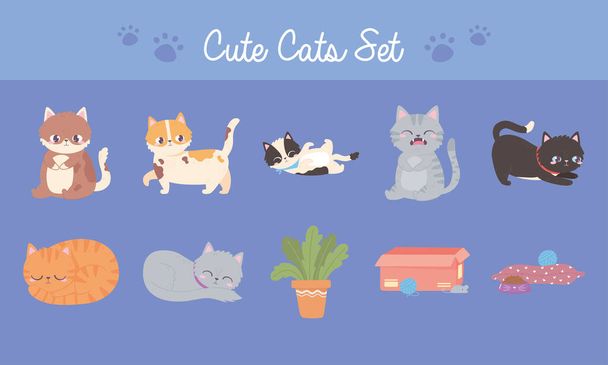cute cats set, different feline with toys food and plant - Vector, Image