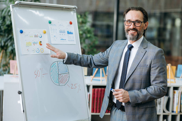 Successful business male making presentation at online conference. A Confident mature man in formal suit looks at the camera, smiling, stands near flipchart in modern office - Photo, Image
