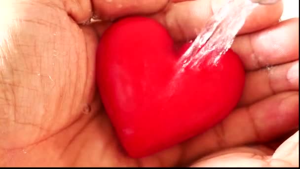Das rote Herz in der Handfläche des Wassers floss nach unten. - Filmmaterial, Video